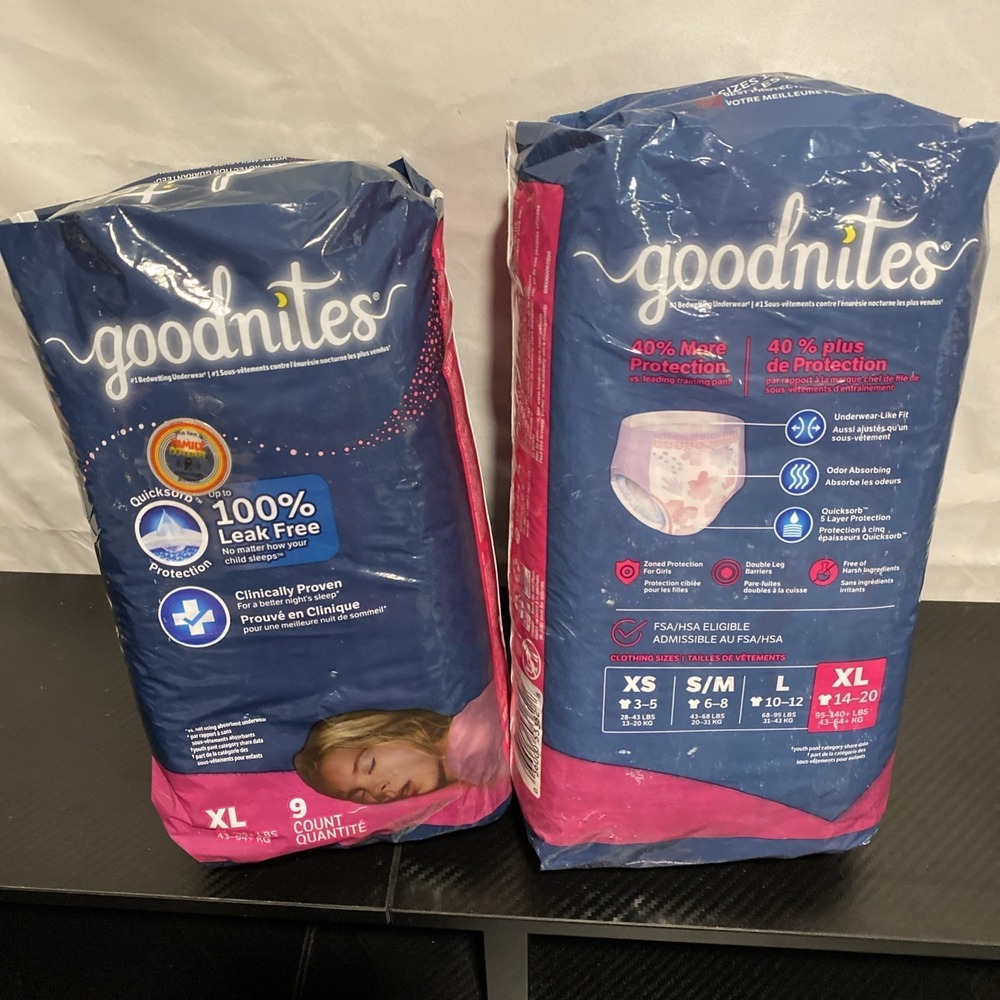 2 New!‎ Goodnites Overnight Underwear for Girls-XL 14-20-95 to 140 lbs-9 Count